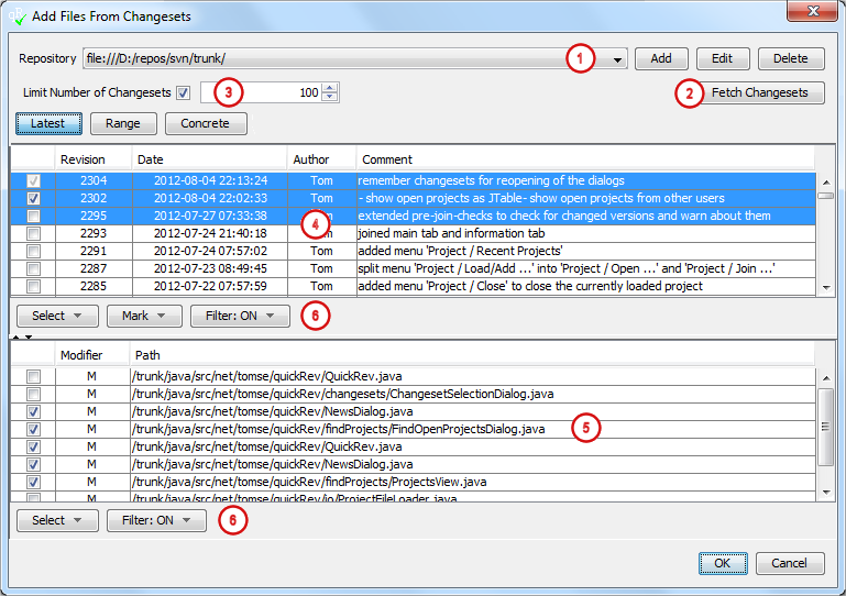 Add Files From Changesets dialog