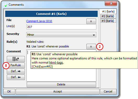 Comments Dialog with assigned Rule