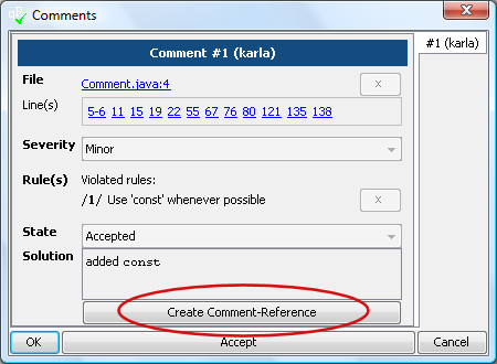 Comment dialog with 'Create Comment Reference' button