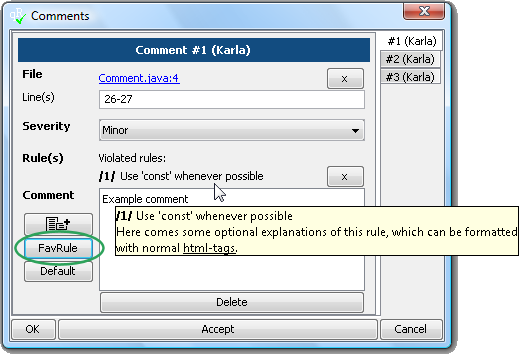 Comment dialog with assigned rule