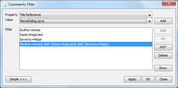 'Comments Filter' dialog