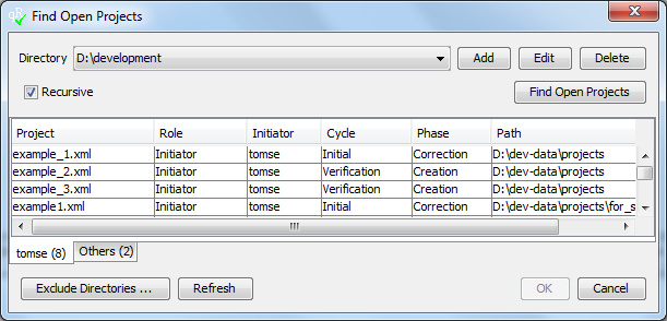 'Find Open Projects' dialog