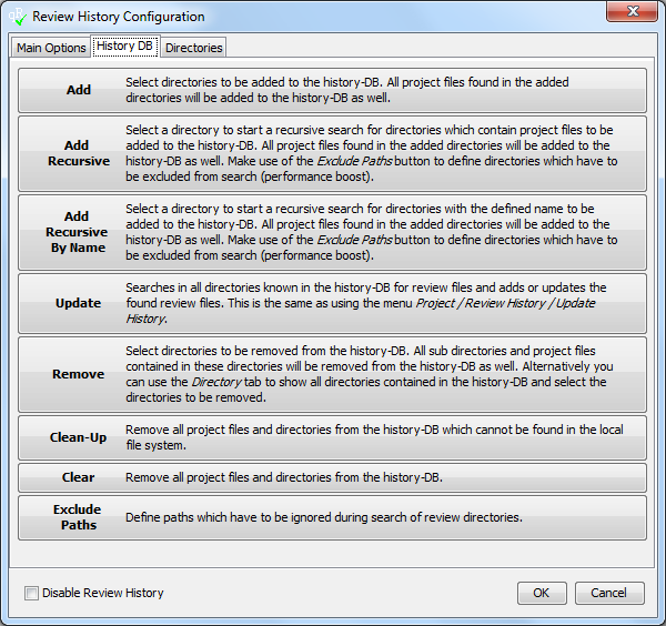 Review History Dialog - Database Configuration