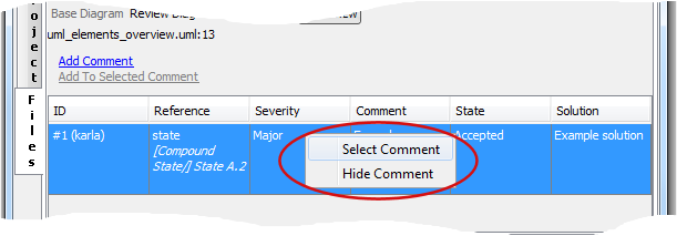 Context menu for comments table